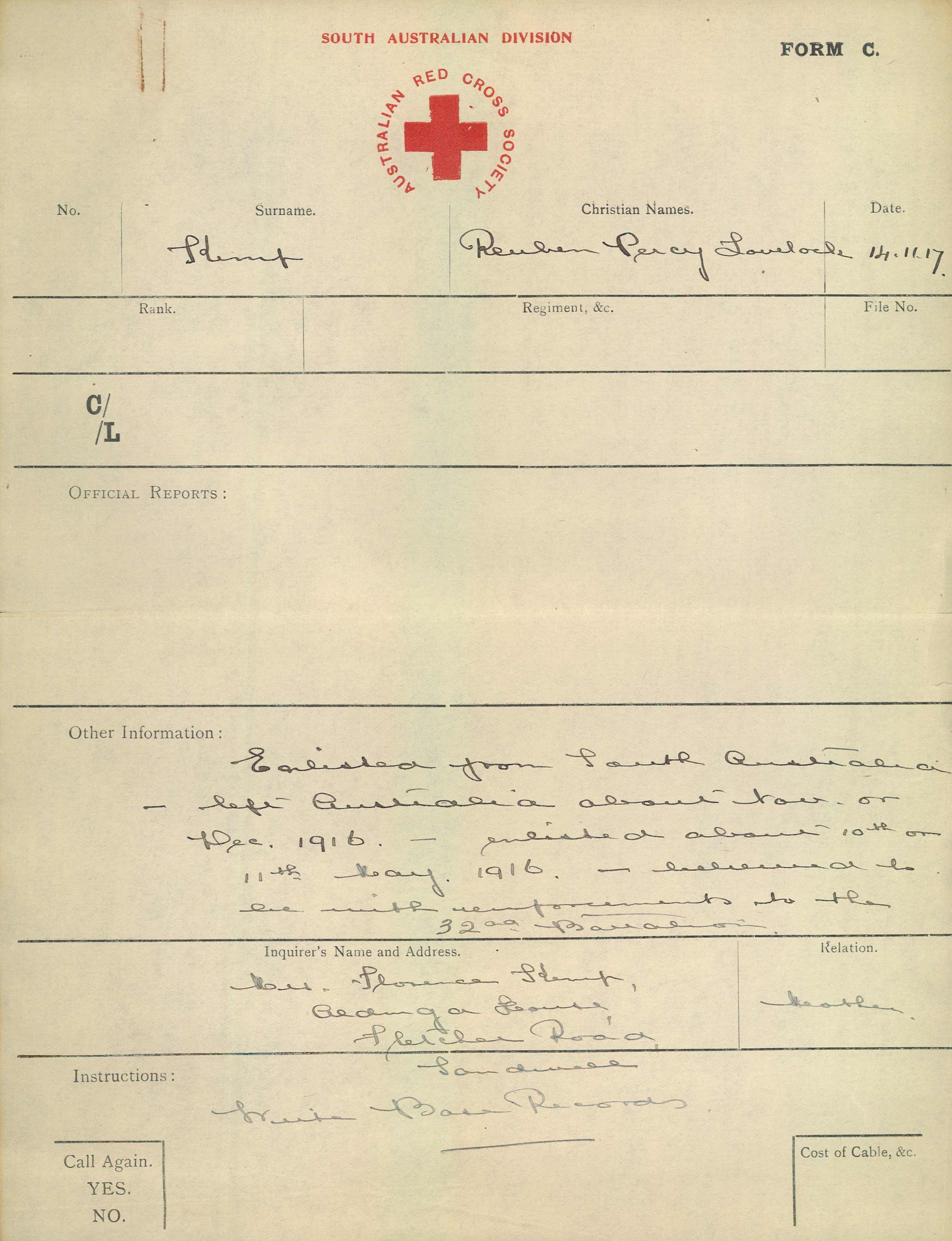 Reuben Percy Lovelock Kemp | South Australian Red Cross Information Bureau