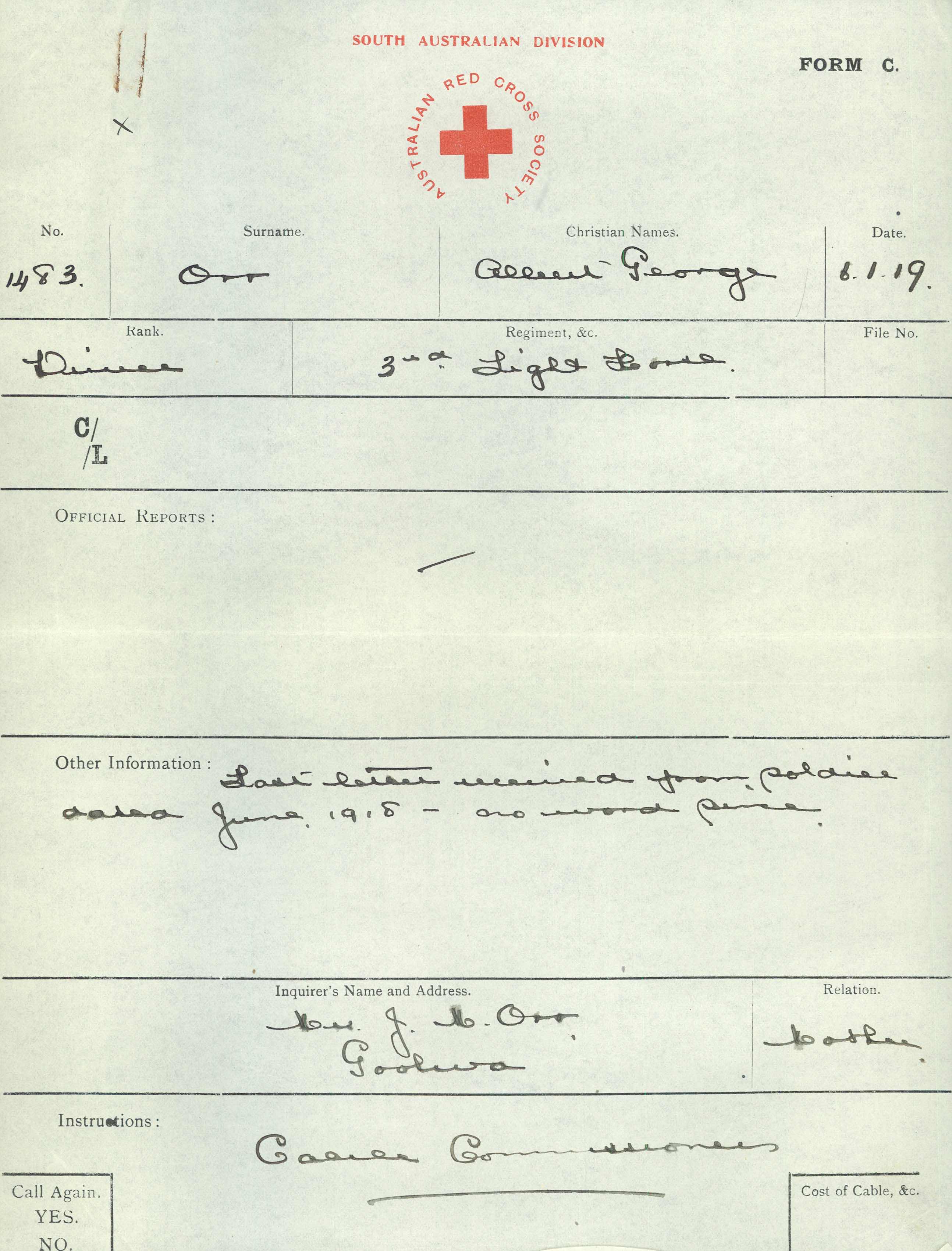 Albert George Orr | South Australian Red Cross Information Bureau