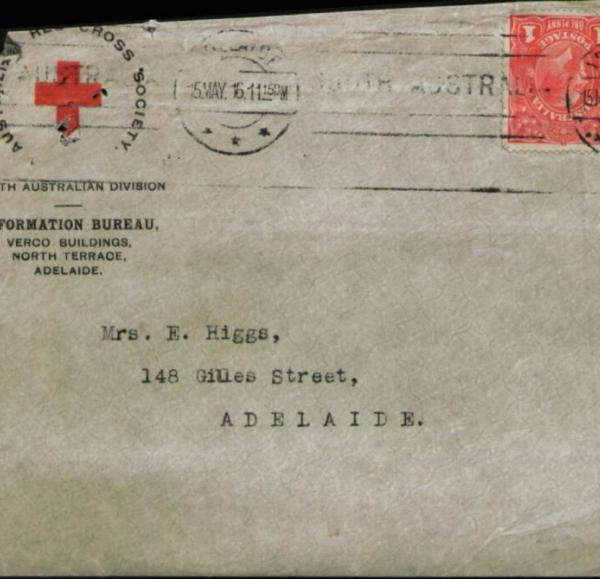 Red Cross envelope to Mrs E. Higgs