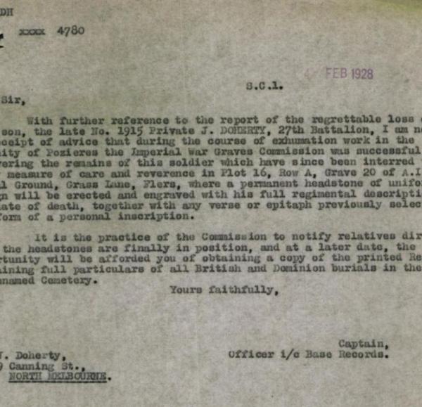 Letter to John Doherty's father https://recordsearch.naa.gov.au/ | Source: personal collection